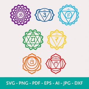 Peut inclure: Une collection de sept symboles de chakras colorés, chacun avec des motifs géométriques uniques et des caractères sanskrits. Les symboles sont disposés en grille, avec des couleurs variées : violet, bleu, vert, jaune, orange et rouge. Formats de fichiers en bas.