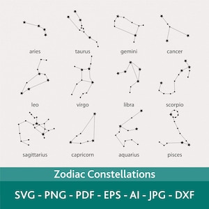 May include: A digital graphic featuring twelve black zodiac constellations represented by stars connected with dotted lines. Each constellation is labelled with its name in lowercase text. The bottom section displays the text Zodiac Constellations followed by the file formats SVG, PNG, PDF, EPS, AI, JPG, and DXF.