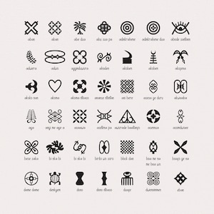 May include: A black and white graphic design chart of Adinkra symbols. Each symbol is a unique design with a name written below it. The symbols are arranged in rows and columns.
