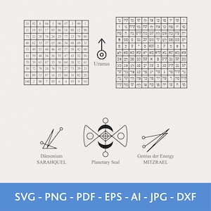May include: A digital art print featuring esoteric symbols, including a planetary seal and the word "Uranus." The design includes two tables of numbers and text in Hebrew. The bottom of the image displays file format options.