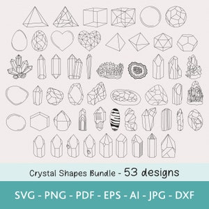 May include: A set of 53 black and white line drawings of various crystal shapes, including geometric shapes, hearts, and crystals. The text "Crystal Shapes Bundle - 53 designs" is at the bottom of the image. The text "SVG - PNG - PDF - EPS - AI - JPG - DXF" is at the bottom of the image.
