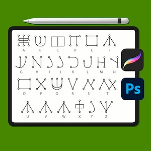 Op de afbeelding: Een witte digitale tablet met een zwarte rand toont een grafiek met de 26 letters van het alfabet, elk weergegeven door een uniek patroon van verbonden stippen. De tablet ligt op een groene ondergrond. Een witte stylus en een kleurrijk pictogram voor de Adobe Photoshop-app zijn zichtbaar op het scherm.