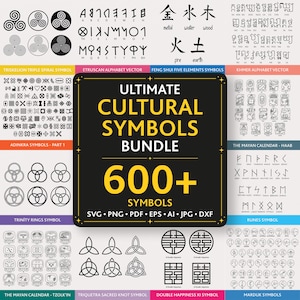 May include: A digital graphic display featuring the text ULTIMATE CULTURAL SYMBOLS BUNDLE 600+ SYMBOLS SVG PNG PDF EPS AI JPG DXF. The image showcases various black and white icons including triskelions, Etruscan, Khmer, and Mayan symbols, runes, and knots.