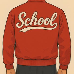 May include: Illustration of a person from the back wearing a red jacket with the word "School" in white script across the back. The person is also wearing dark grey jeans. The background is a light beige colour.