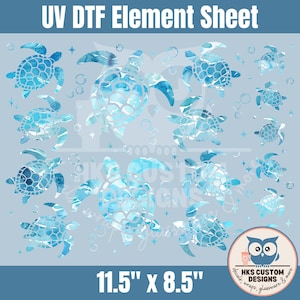 May include: A UV DTF element sheet measuring 29.2 cm by 21.6 cm featuring multiple sea turtle illustrations in various shades of blue with a watercolour texture, interspersed with small bubbles and stars on a light blue background.