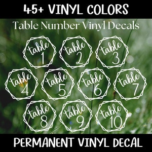 Op de afbeelding: Tien witte vinyl tafelnummer stickers met een geometrisch ontwerp. De nummers 1 tot en met 10 worden weergegeven in een handschrift. De tekst "45+ VINYL KLEUREN" en "Tafelnummer Vinyl Stickers" staat bovenaan de afbeelding. De tekst "PERMANENTE VINYL STICKER" staat onderaan de afbeelding.