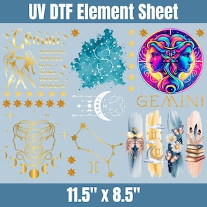 May include: UV DTF element sheet featuring Gemini zodiac designs. Includes gold and colorful illustrations of the Gemini constellation, twin figures, and celestial elements. Sheet measures 11.5" x 8.5".