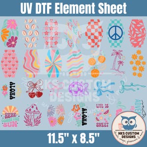 Op de afbeelding: Een UV DTF-elementenvel van 11,5 bij 8,5 inch met diverse kleurrijke stickers, waaronder bloemen, hartjes, kersen, een discobal, paddenstoelen en tekst zoals ALOHA, HERE COMES THE SUN en LIFE IS SWEET.
