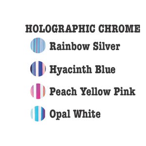 a list of five colors: Rainbow Silver, Hyacinth Blue, Peach Yellow Pink, and Opal White.