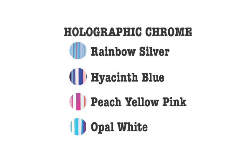 a list of five colors: Rainbow Silver, Hyacinth Blue, Peach Yellow Pink, and Opal White.