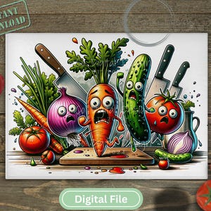 May include: A digital illustration of a cartoon vegetable scene with a red onion, a carrot, a cucumber, a tomato, and a red onion. The vegetables are all smiling and have human-like features. The scene is set on a wooden cutting board with a knife and other kitchen utensils.