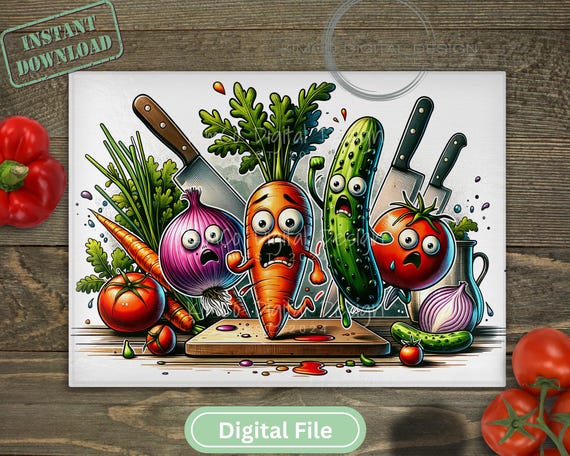 Funny Sublimation Cutting Board PNG | Digital Kitchen Decor | Cartoon Vegetable Kitchen Art | 16x12 Glass Cutting Board Design | Digital