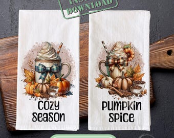 Herfst keukenhanddoek png, keukenhanddoek sublimatie ontwerp - Pumpkin Spice gezellig seizoen, schattig keukenhanddoek ontwerp png Instant Download