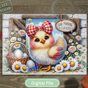 Può includere: Un'illustrazione colorata di un simpatico pulcino dei cartoni animati con un fiocco rosso e bianco, che tiene un cestino di uova. Il pulcino è circondato da fiori e il testo "Good Morning Cluckers" è visualizzato su un cartello.