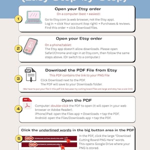 May include: An instructional infographic titled How to Download Your File (Easy Step-by-Step) with five numbered steps. It outlines the process for downloading Etsy files on computers and mobile devices, including opening PDFs and clicking links.