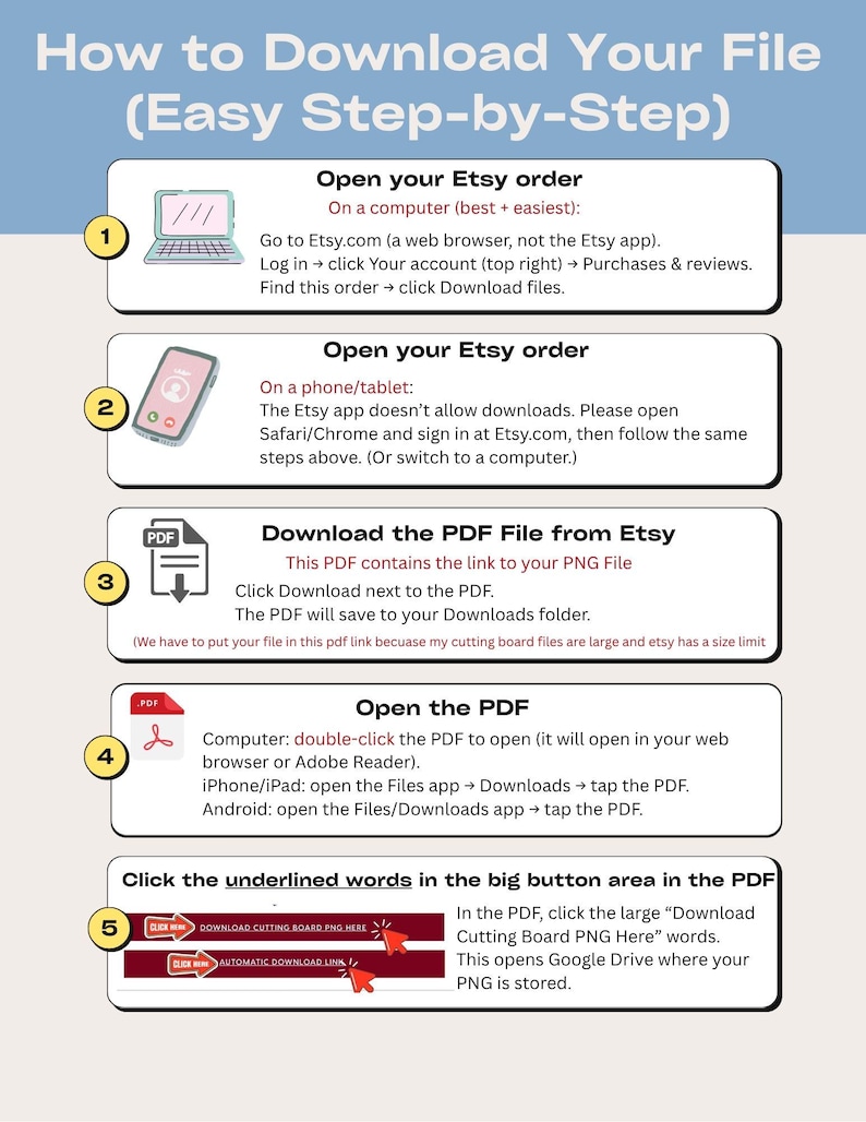 May include: An instructional infographic titled How to Download Your File (Easy Step-by-Step) with five numbered steps. It outlines the process for downloading Etsy files on computers and mobile devices, including opening PDFs and clicking links.