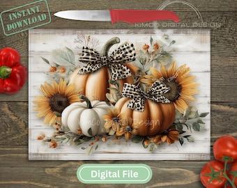 Herbst Kürbis Sonnenblume Schneidebrett PNG, Bauernhaus Sublimationsglas Brett Design, rustikale Herbst Küchen Dekor, digitaler Download