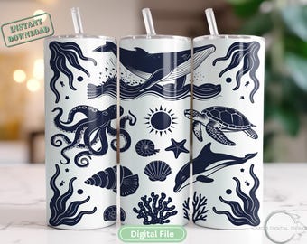 Ocean Tumbler Wrap PNG 20oz | Sea Life Skinny Tumbler Sublimation | Marine Animal Tumbler Design | Digital Download | Collage PNG