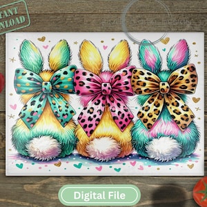 "Bright leopard print bunny butts sublimation PNG with colorful bows, perfect for Easter cutting boards, kitchen decor, and spring sublimation projects."