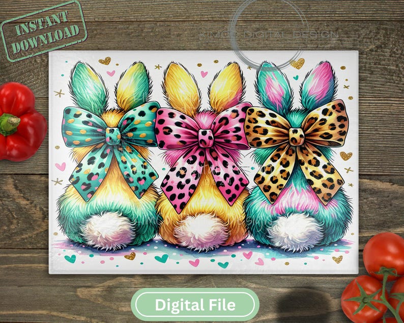 "Bright leopard print bunny butts sublimation PNG with colorful bows, perfect for Easter cutting boards, kitchen decor, and spring sublimation projects."