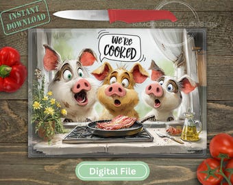 Puede incluir: Un archivo digital con una ilustración humorística de tres cerdos de dibujos animados mirando tocino cocinándose en una sartén. El texto "We're Cooked" está en un bocadillo. También se ve un cuchillo rojo y las palabras "Instant Download".