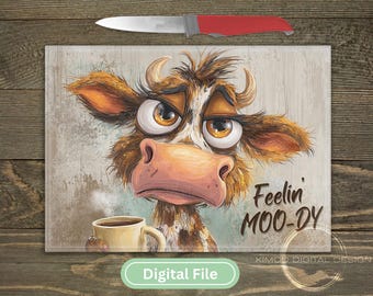 Funny Highland Cow Glass Cutting Board PNG, Farmhouse Kitchen (Digital File)