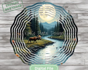 Moose Wind Spinner PNG | Moonlight Forest Sublimation Design | 10.5&quot; Round Outdoor Decor | Rustic Cabin Scene PNG | Digital Download File