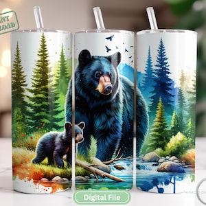 Bear Tumbler Wrap, Black Bear PNG, Wildlife Sublimation, Forest Tumbler, Nature Tumbler, Outdoors PNG, 20oz Skinny Tumbler, Rustic Bear Wrap