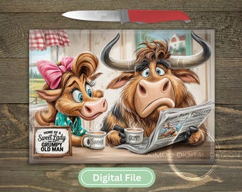May include: A rectangular glass chopping board featuring a cartoon illustration of a cow with a pink bow and a bull reading a newspaper. The text reads Home of a Sweet Lady and her Grumpy Old Man, Sweet, and Grumpy. A red-handled knife rests above.