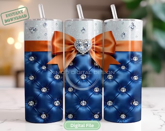 Blue Tufted Luxury Tumbler Wrap PNG, Orange Bow Rhinestone Heart 20oz Skinny, Glam Seamless Sublimation Design, Sparkle Glitter DIGITAL