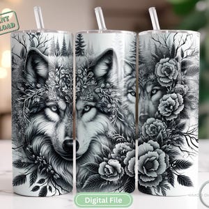 May include: Three white stainless steel tumblers with a black and white wolf design. The wolf is surrounded by floral and forest elements. Each tumbler has a clear straw and the words "Instant Download" and "Digital File" are visible.