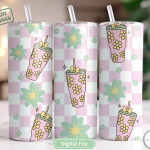 Coquette Tumbler Wrap PNG - Tazza da 20 oz con margherite pastello sottili, stampata a sublimazione - Graziosa involucro estetico rosa per caffè freddo - Download digitale