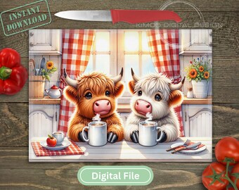 Highland Cow Cutting Board PNG: Farmhouse Kitchen Decor (Digital Download)