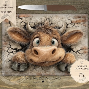 Pode incluir: Um design gráfico digital apresentando uma vaca castanha e peluda com olhos grandes e chifres que parece romper uma parede de tijolos rachada. A imagem inclui etiquetas de texto indicando alta resolução, 300 DPI e ficheiro PNG.