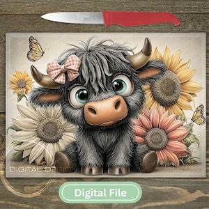 May include: A decorative cutting board featuring a cartoon Highland cow with a pink bow, surrounded by sunflowers and butterflies. A red-handled knife rests above the board. The words "Digital File" are at the bottom.