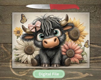 Highland Cow Sunflower Glass Cutting Board Sublimation Design (Digital Download)