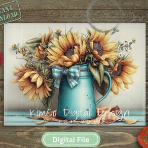 May include: A digital art print showing a bouquet of sunflowers in a distressed turquoise jug with a gingham bow. The sunflowers are yellow and brown. The words "KimCo Digital Design" are visible.