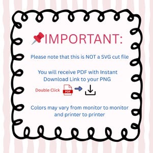 Puede incluir: Un fondo blanco con un borde negro rizado rodea el texto "&iexcl;IMPORTANTE!" en rosa. El texto explica que el archivo no es un SVG, sino un PDF con un enlace de descarga para un PNG. Los colores pueden variar.