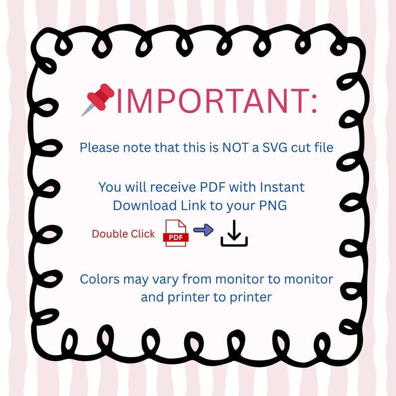Puede incluir: Un fondo blanco con un borde negro rizado rodea el texto "&iexcl;IMPORTANTE!" en rosa. El texto explica que el archivo no es un SVG, sino un PDF con un enlace de descarga para un PNG. Los colores pueden variar.