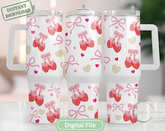 Coquette 40oz Tumbler Wrap, Strawberry Bows 40 oz Quencher Tumbler Sublimation Design, Soft Girly Aesthetic Ribbons Tumbler PNG Seamless