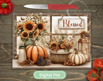 May include: A digital file featuring a fall-themed still life. The image includes sunflowers, pumpkins, a lantern, and a sign that reads "Blessed." A red knife and vegetables are also present, creating a rustic, autumnal aesthetic.