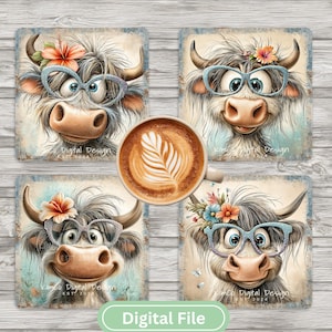 Peut inclure: Quatre dessous de verre carrés avec une illustration fantaisiste d'une vache des Highlands portant des lunettes et une couronne de fleurs. Une tasse de café avec du latte art est au centre. Le texte "Digital File" est en bas.