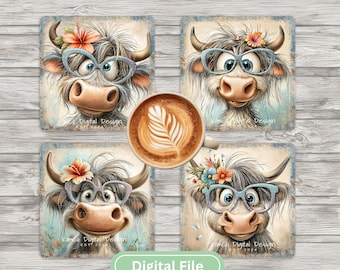 Highland Cow-underlägg PNG-set | Set med 4 sublimeringsunderlägg | Söt ko-köksdekor | 4x4-underläggsdesigner digital nedladdning