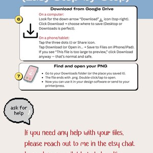 K&ouml;nnte beinhalten: Eine Anleitungsgrafik mit dem Titel How to Download Your File mit den Schritten 6 und 7. Sie erkl&auml;rt den Download von Google Drive auf Computern und Mobilger&auml;ten, das Finden von PNG-Dateien und enth&auml;lt eine Sprechblase ask for help.