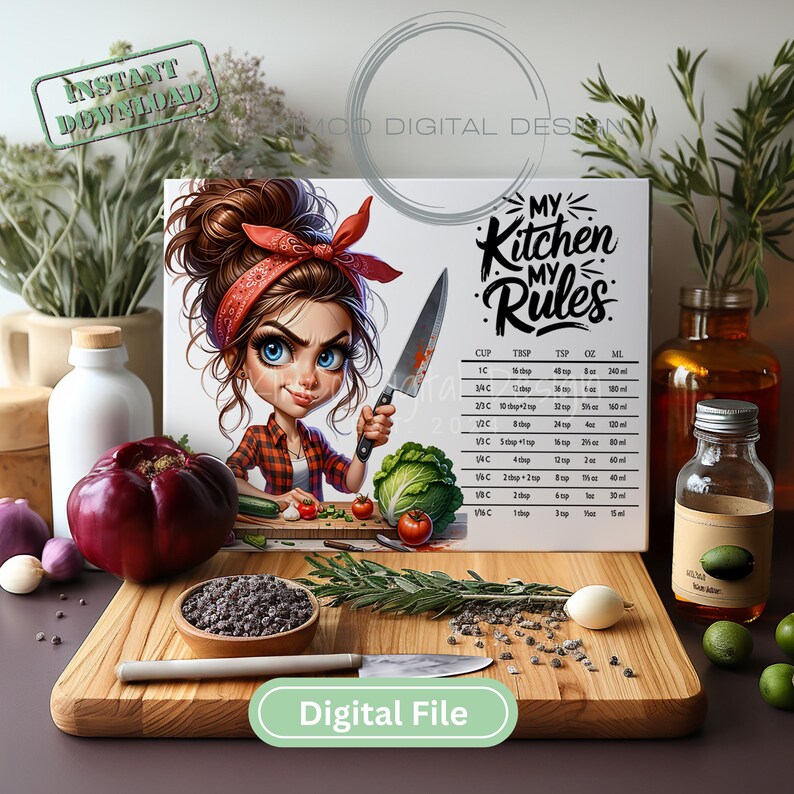 Digital PNG design of a sassy cartoon chef girl with a red bandana and knife beside “My Kitchen My Rules” text and a cooking measurement chart, designed for sublimation on glass cutting boards.