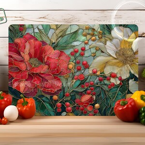 Stained glass floral sublimation PNG featuring red and white peonies with berries. Perfect for Christmas cutting boards, farmhouse décor, and festive digital art.