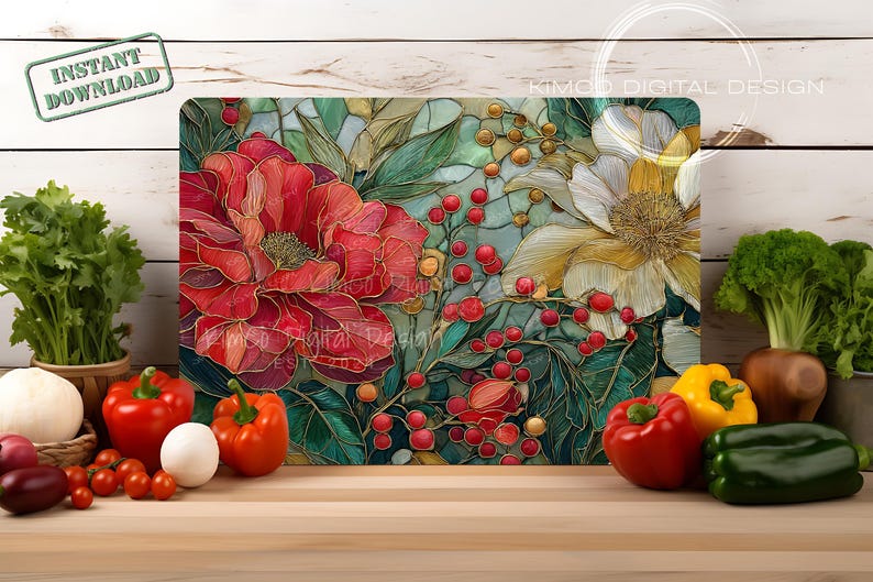 Stained glass floral sublimation PNG featuring red and white peonies with berries. Perfect for Christmas cutting boards, farmhouse décor, and festive digital art.