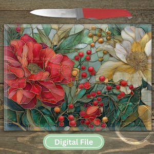 Stained glass floral sublimation PNG featuring red and white peonies with berries. Perfect for Christmas cutting boards, farmhouse décor, and festive digital art.