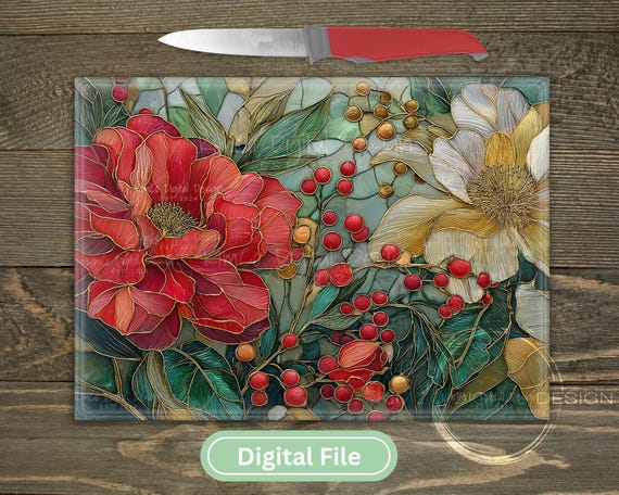 Christmas Floral Cutting Board PNG | Stained Glass Flower Sublimation Design | Red & White Peony Holiday Kitchen Art PNG