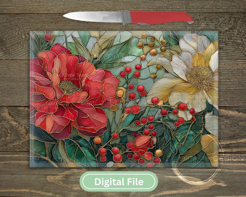 Stained glass floral sublimation PNG featuring red and white peonies with berries. Perfect for Christmas cutting boards, farmhouse décor, and festive digital art.